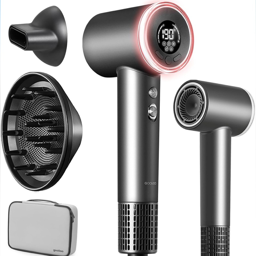 NEW! Goolioo Silver Hair Dryer with Attachments & Travel Case